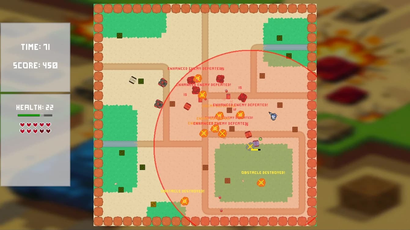 玩家释放大范围 AOE 轰炸,同时击中精英敌人和场景障碍物